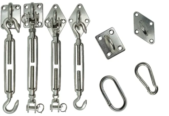 Edelstahl Sonnensegel-Befestigung - Dreieck, 3x Augplatte 1x Seilspanner 2x Karabiner