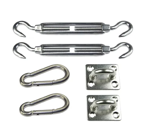 Edelstahl Sonnensegel-Befestigung - Viereck, 2x Augplatte 2x Seilspanner 2x Karabiner