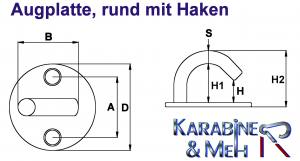 Edelstahl Augplatte / Deckauge mit Haken, rund, D5 - D=33mm, V4A