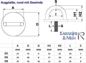 Edelstahl Augplatte / Deckauge -  rund mit Gewinde - D6, M8 - D=40mm, V2A