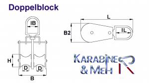 Edelstahl Doppelblock/Seilblock/Umlenkrolle mit 50mm Rolle, Länge ca. 142mm, V2A