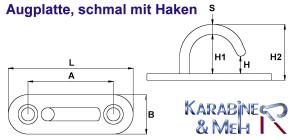 KAMERO Edelstahl Augplatte / Deckauge mit Haken, schmal, D10 - 100 x 36mm, V4A