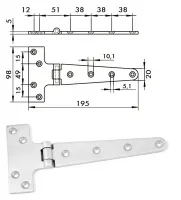 Edelstahl T-Scharnier, 98 x 195 x 5mm, V4A